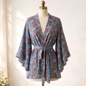 Josie Natori Kimono Robe Jacket Size Large Rayon Blue Floral Print Boho Hippie